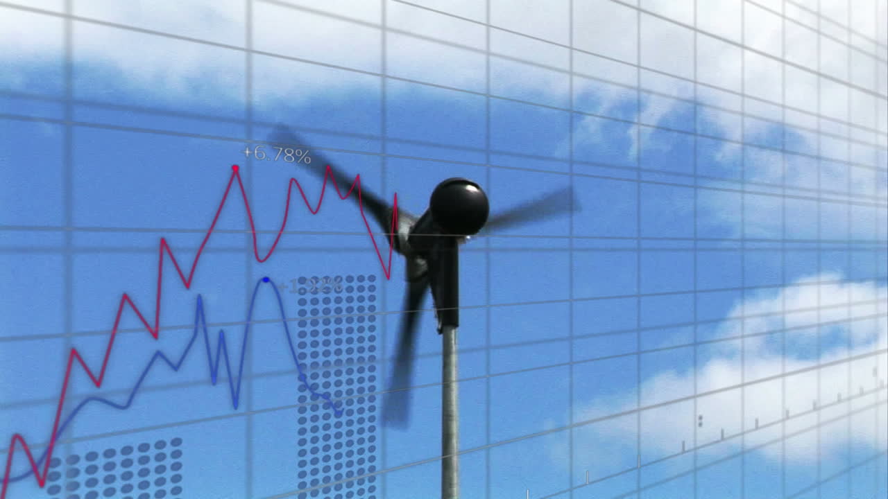 푸른 구름이 가득한 하늘을 배경으로 회전하는 풍차 위에 움직이는 다채로운 그래프의 애니메이션.