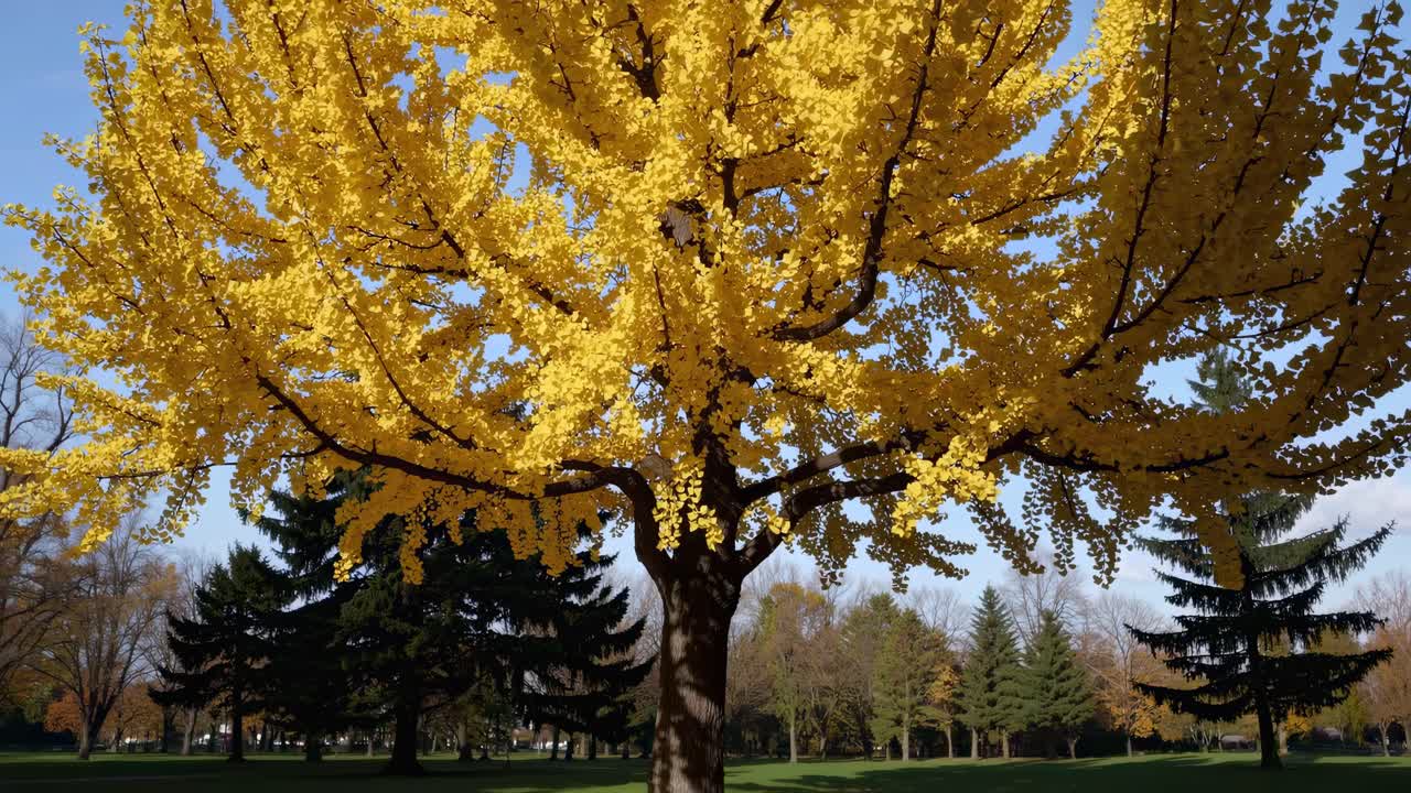 Vibrant yellow ginkgo tree captured from a low-angle, showcasing its full canopy against a clear