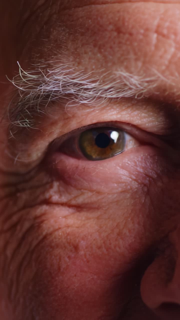 Close-up of an Elderly Man's Eye, Capturing the Depth and Complexity of Age Through Detailed Skin Texture and Distinctive Iris Colors. Emotion and Wisdom Reflected