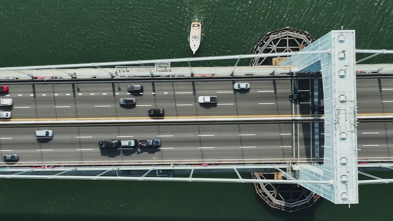 View of traffic on bridge in New York City taken from a drone