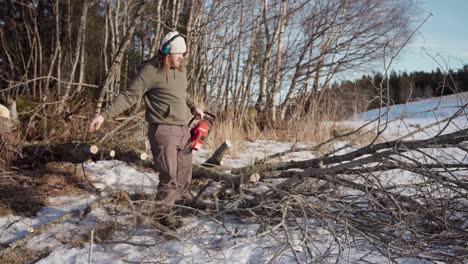 el hombre está empleando su motosierra para cortar leña del árbol - toma estática