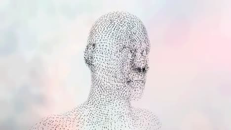 digital animation of human face model spinning against white background