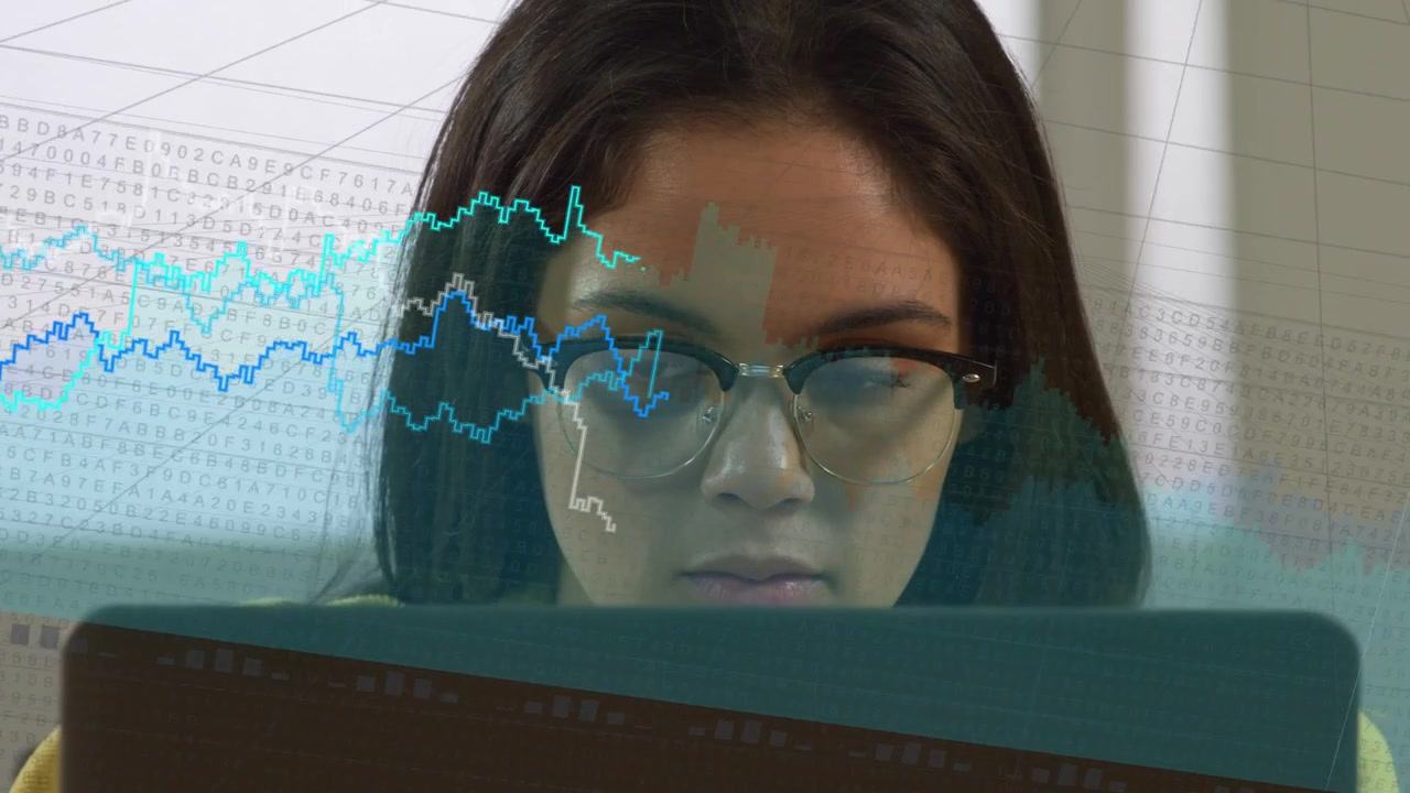 Woman adjusting glasses, laptop initiating line-chart overlaying across face, aiding tech analysis