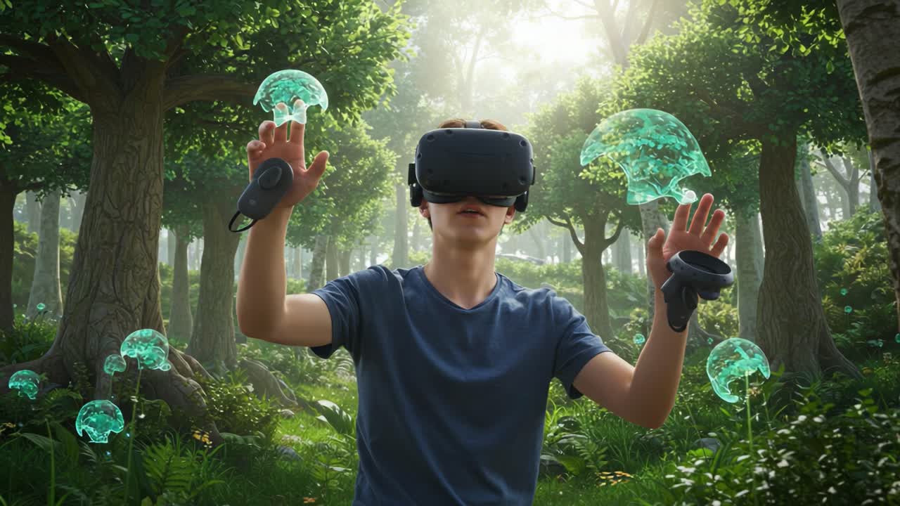 Immersive Virtual Reality Experience: A Young Individual Engages with Interactive Elements in a Lush, Green Forest Environment