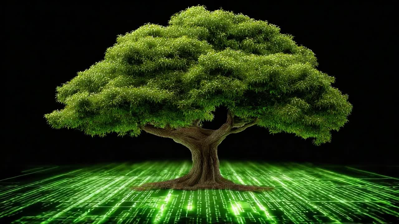 A Stunning Visualization of Nature Meets Technology: A Lush Green Tree Surrounded by a Digital Matrix in a Dreamlike Environment