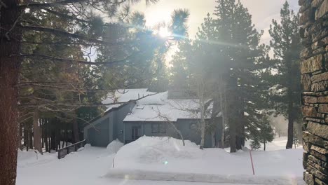 snowy gusts swirling around a secluded mountain cabin