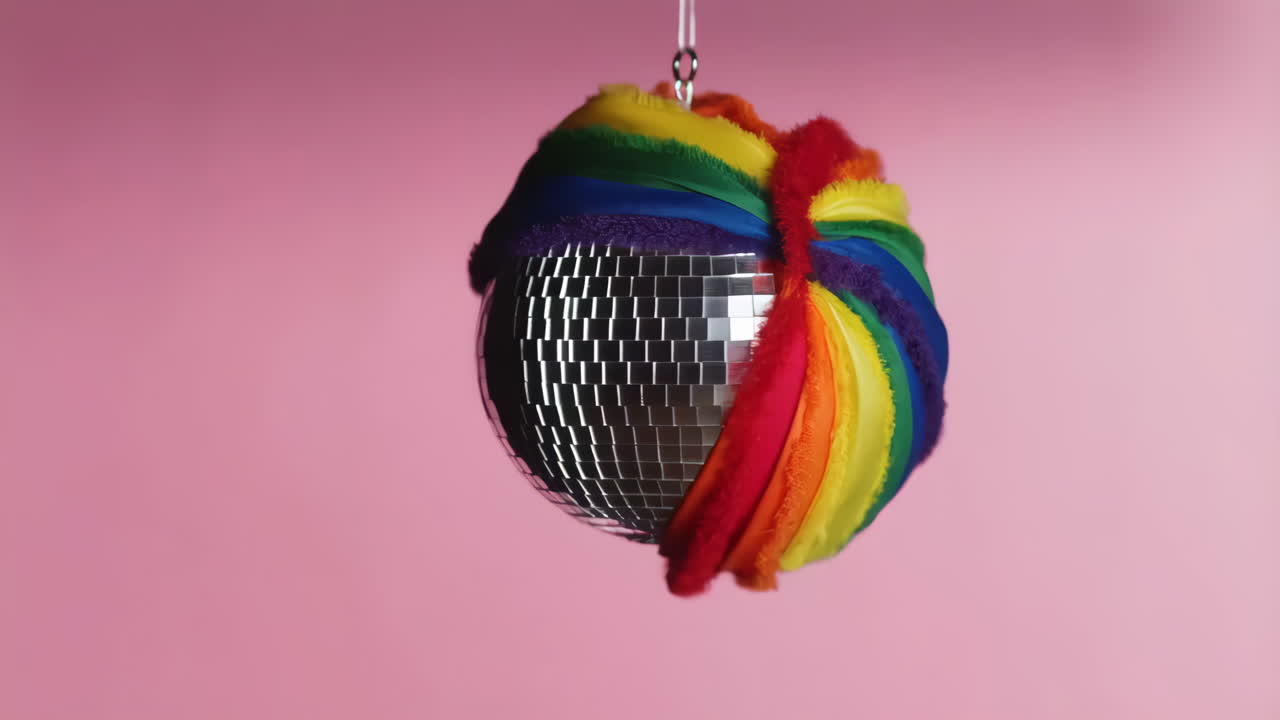 A disco ball wrapped in a rainbow pride flag
