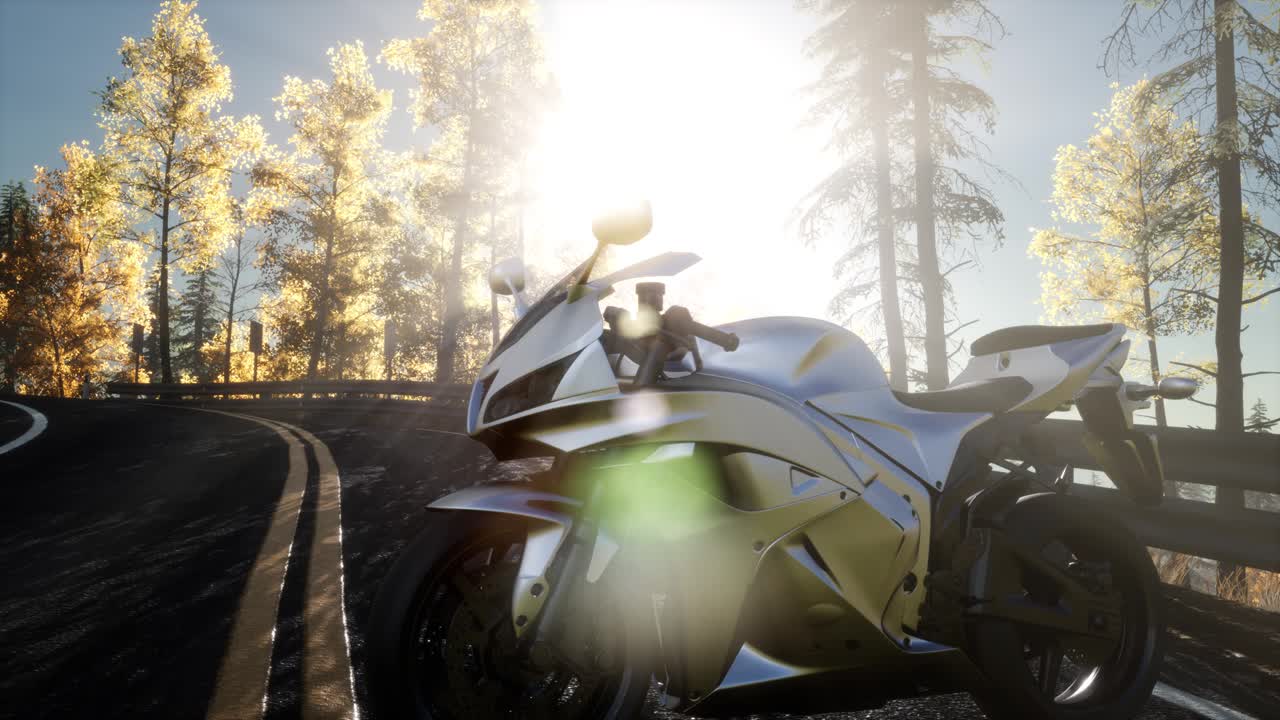 ⁇ 빛으로 숲 속의 세 개의 도로에 있는 스포츠 자전거