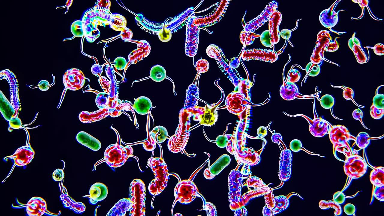 Colorful microscopic view of bacteria, shot from above