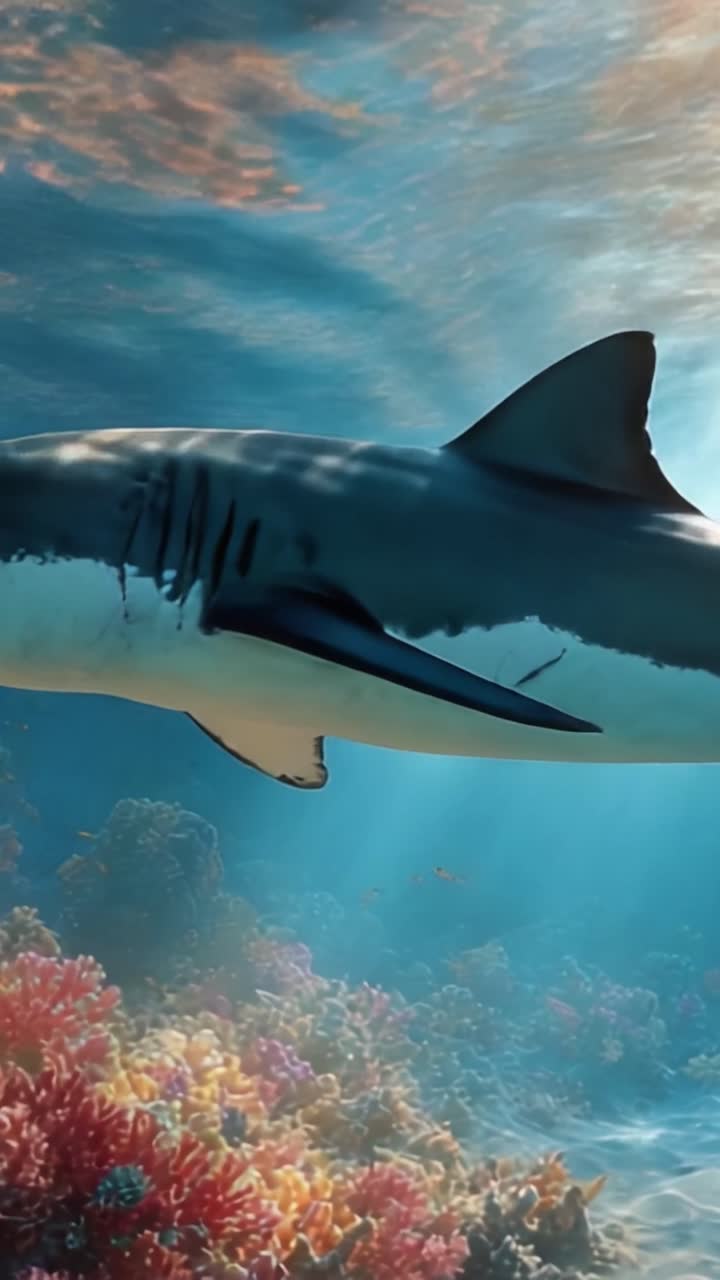 Majestic Underwater Encounter: A Great White Shark Gracefully Navigates Through Vibrant Coral Reef Amidst Sunlit Oceanic Depths