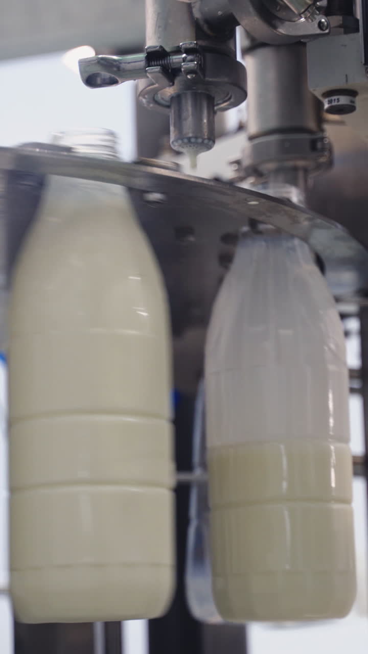 Upgraded technology in dairy factory. Plastic bottles filling with milk by mechanical machine. Process of pouring milk into plastic bottles moving in a circle. Dairy production. Vertical video