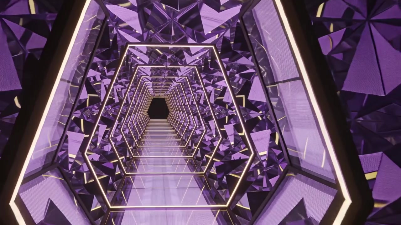 Inizio della riproduzione, la telecamera scivola attraverso un tunnel esagonale viola illuminato in uno spazio artistico, mostrando un pavimento a specchio.