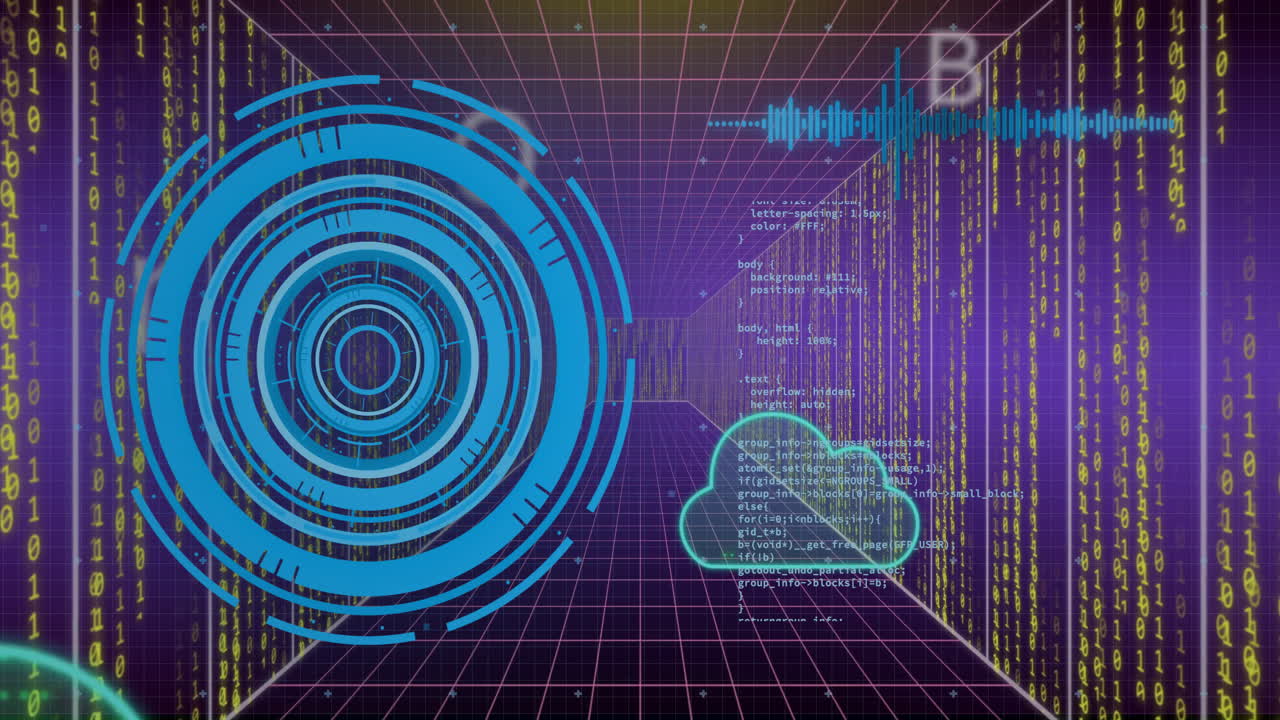 Animation of scope scanning, cloud and data processing over purple background
