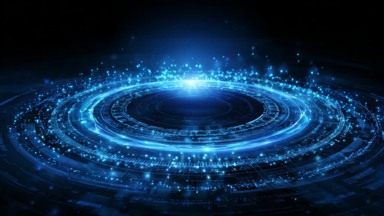 A mesmerizing display of a digital vortex's energy, showcasing vibrant blue particles swirling in a futuristic circular formation, radiating an ethereal glow that captivates with its dynamic motion and intricate details
