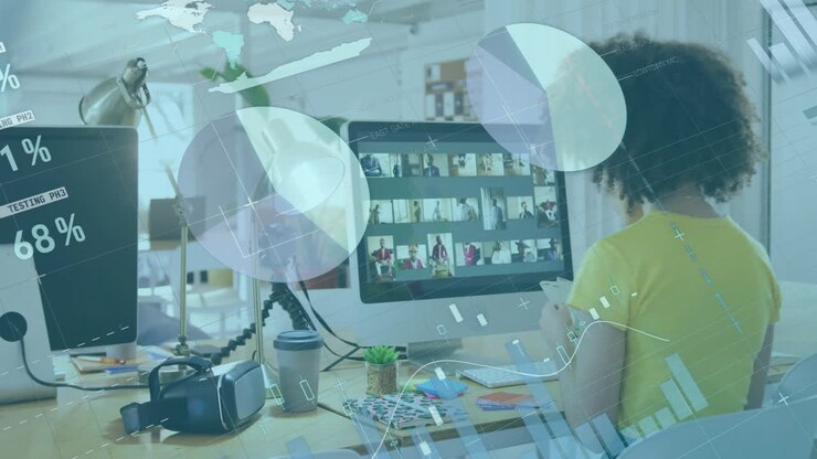 Animation of financial data processing over biracial businesswoman in office
