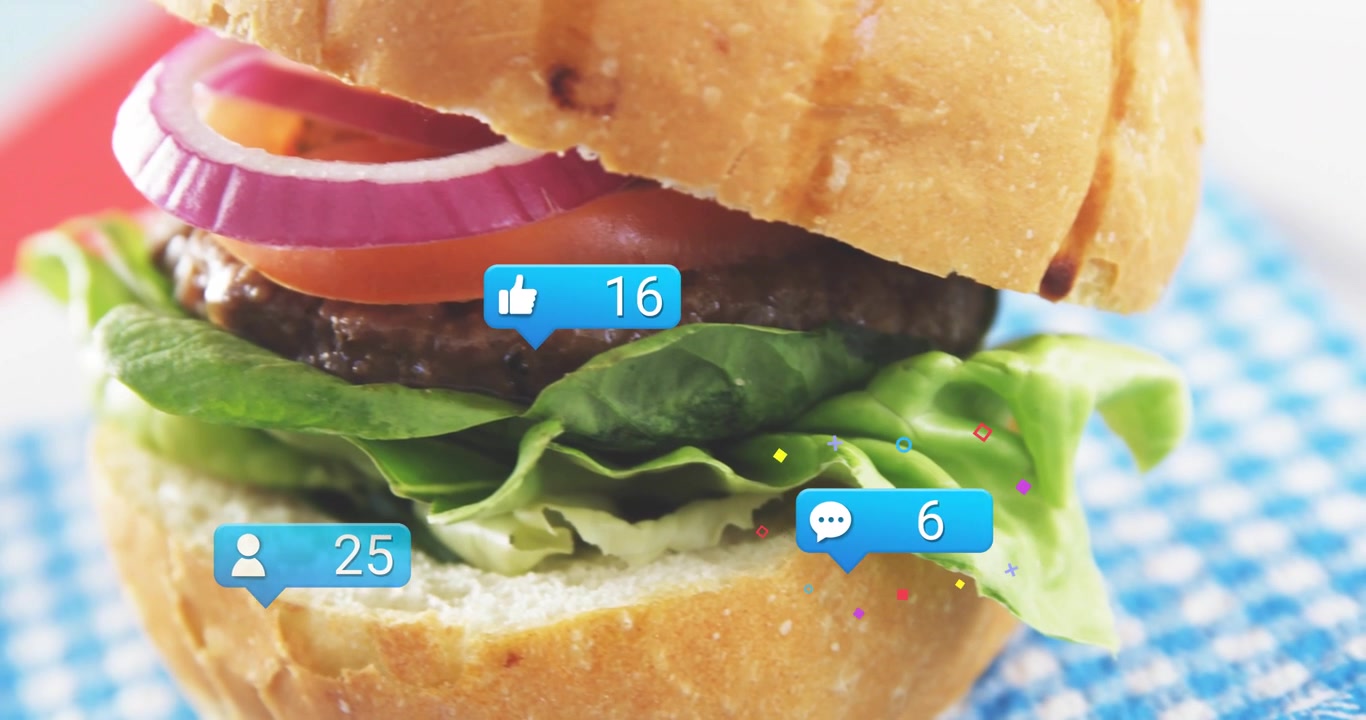 Hamburger entering center while empty blue bubble triggers social bubbles popping, creating buzz