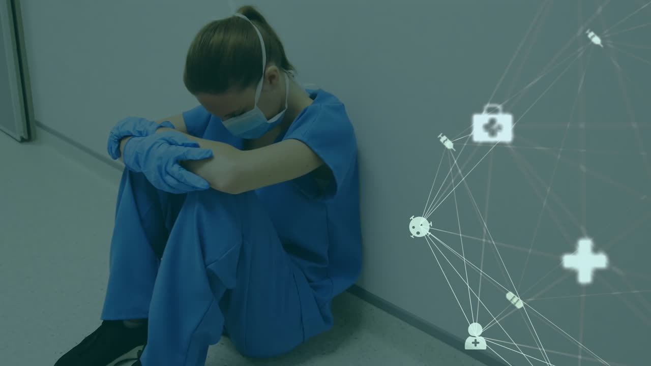 анимация сети медицинских икон над напряженной белой женщиной-хирургом, сидящей на полу.