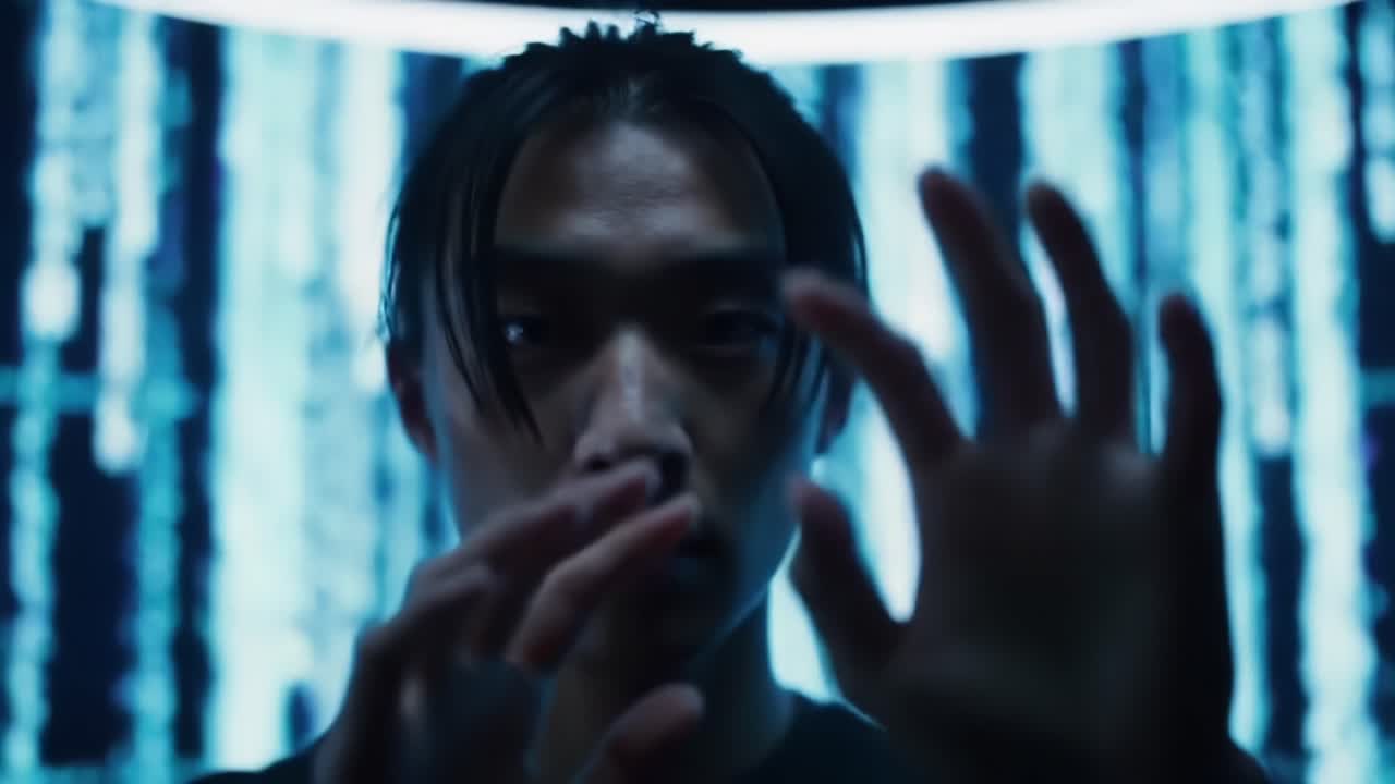 A focused individual interacts with a glowing green interface, showcasing an ethereal blend of technology and imagination in a dark, futuristic environment