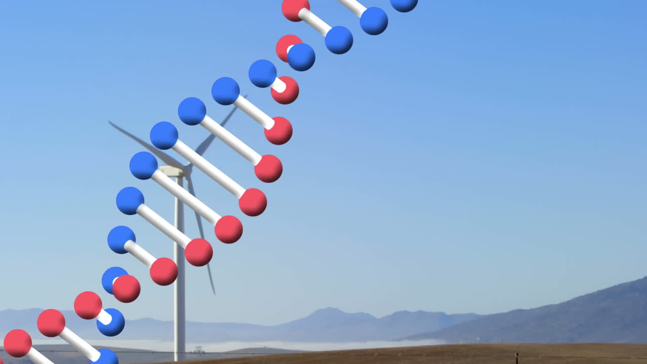 시골의 풍력 터빈 위에서 회전하는 dna 가닥의 애니메이션