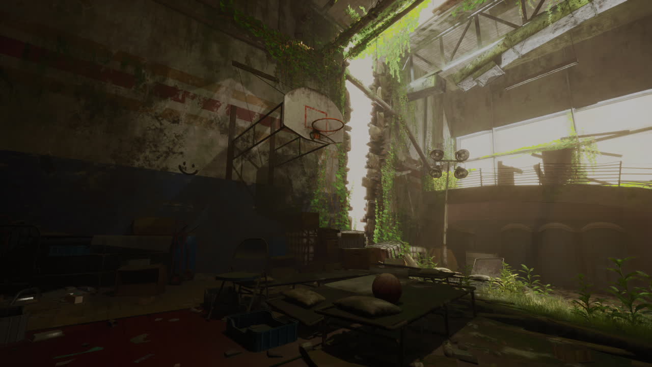 una cancha de baloncesto abandonada en un gimnasio en ruinas