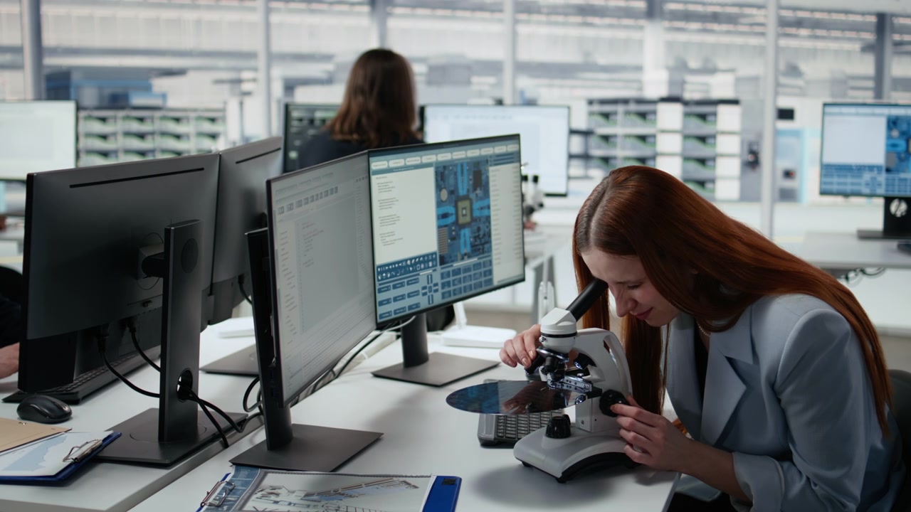 Woman using microscope in office, reviewing semiconductor substrates