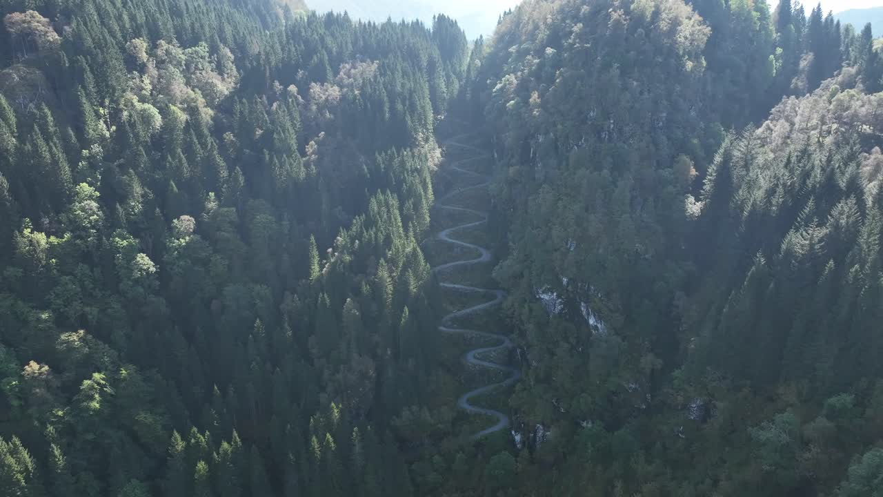 High altitude aerial over Kossdalen valley, revealing lush forest and winding hairpin road turns in sunlight