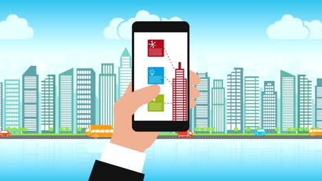 buscar la ciudad usando el teléfono inteligente, animación en estilo plano, abridor, transición, tercio inferior, alfa mate.