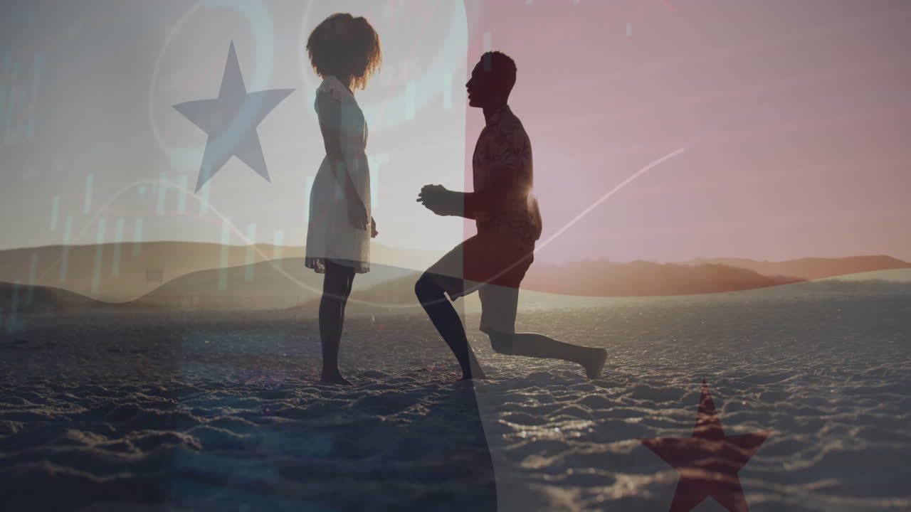 금융 데이터 처리의 애니메이션과 해변에서 아프리카계 미국인 부부 위에 파나마의 발