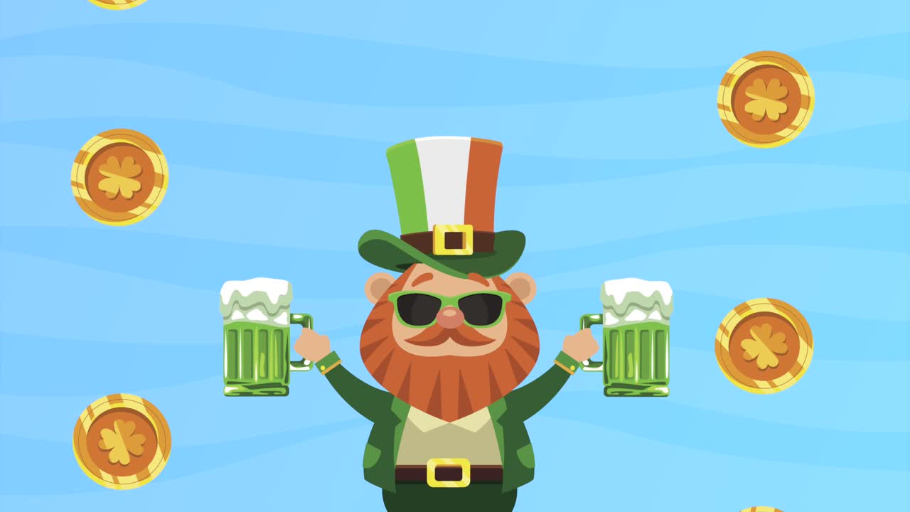 felicità postale di san patrizio con leprechaun che solleva birre e monete d'oro