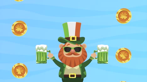 feliz día de san patricio tarjeta postal con leprechaun levantando cervezas y monedas de oro