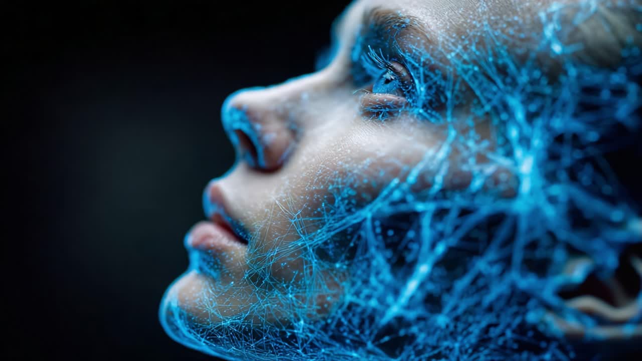 Un viaggio affascinante nella fusione tra tecnologia e umanità, che mostra una rappresentazione accattivante di un volto intrecciato con vivaci cluster di energia blu