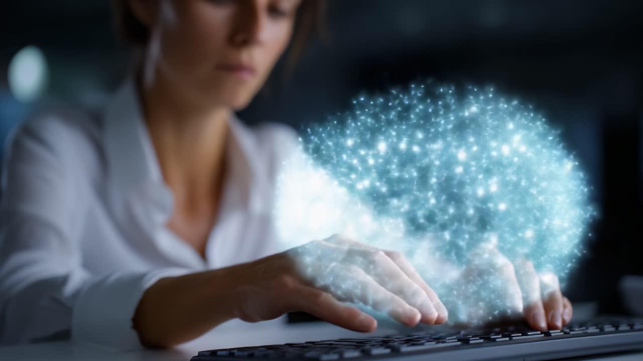 A focused woman interacts with a keyboard, conjuring sparkling magic as she types, blending technology and creativity in a captivating visual moment