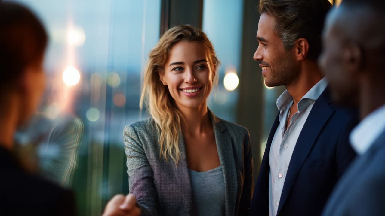 Interazione allegra: networking aziendale coinvolgente tra tre professionisti in un elegante ambiente urbano, catturato in una morbida luce serale con riflessi caldi e gesti amichevoli, che trasuda fiducia e positività