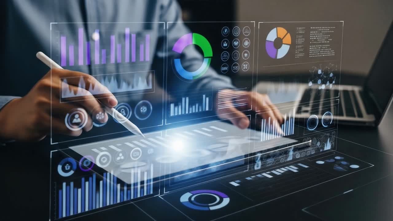 Financial Analyst Examining Market Trends on an Advanced Interactive Digital Tablet Display