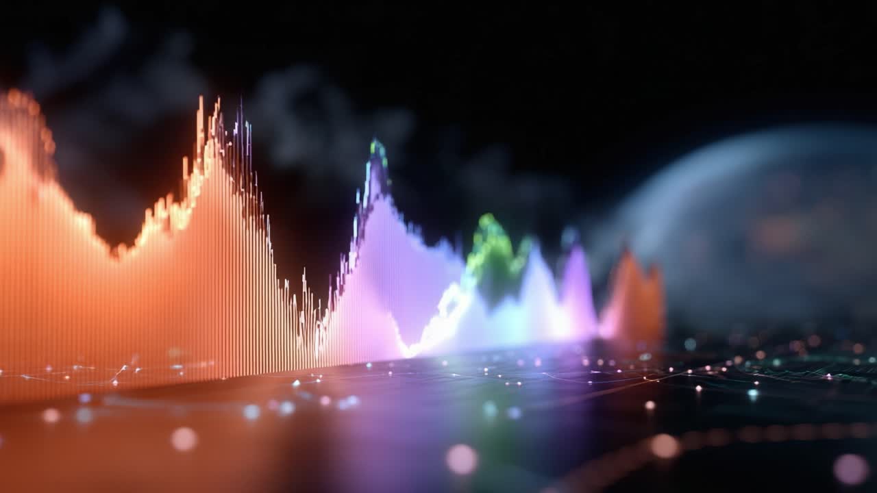 Vibrant, glowing financial charts rise dynamically against a dark, futuristic digital landscape. Lines shift from warm orange to cool green and purple, suggesting market movement