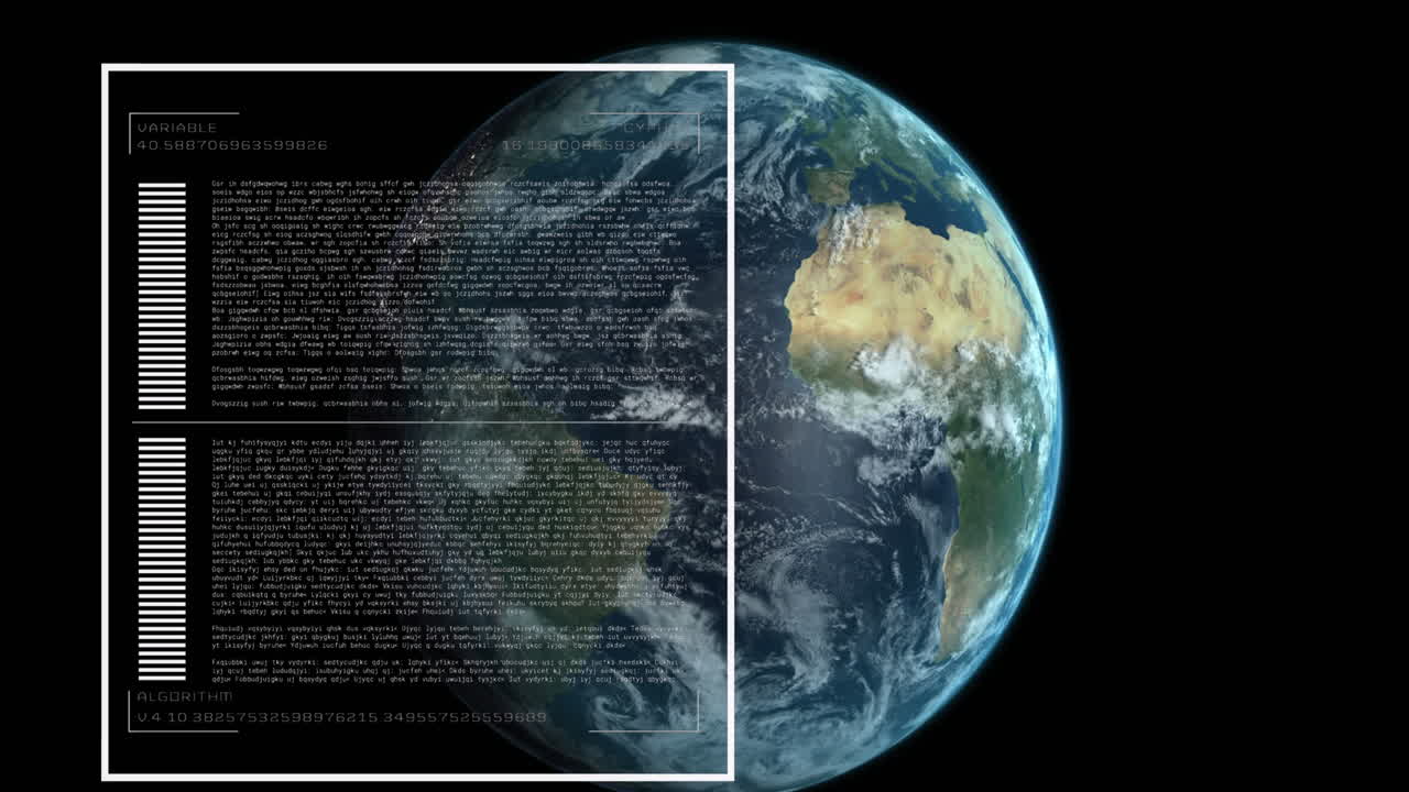 검은 바탕에 회전하는 지구 위의 데이터 처리 인터페이스의 애니메이션