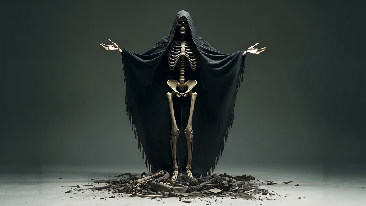 Beginning ritual, skeleton wearing tattered cloak lifting arms outward on grey floor above debris