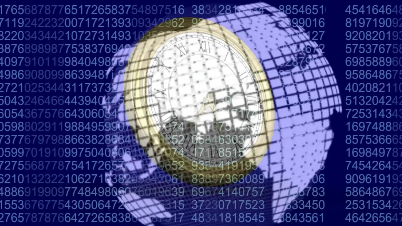 Lancio di un globo rotante con un orologio dorato che avanza le lancette, flussi numerici che si spostano mostrando il tempo.