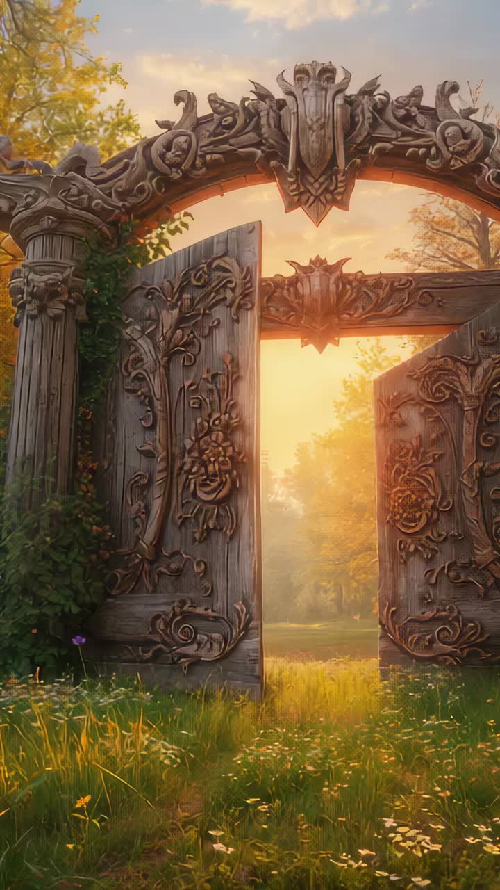 Vertical video: Gentle breeze sending yellow leaves across ornate gate in garden, settling on grass