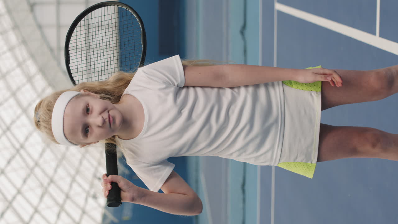 Little Girl With Tennis Racket On Court