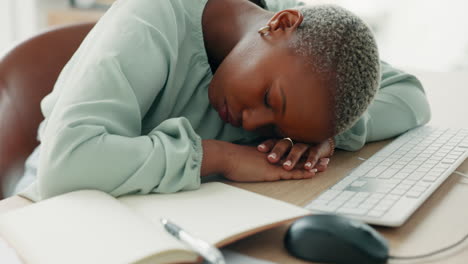 sleeping, tired and burnout business woman feeling