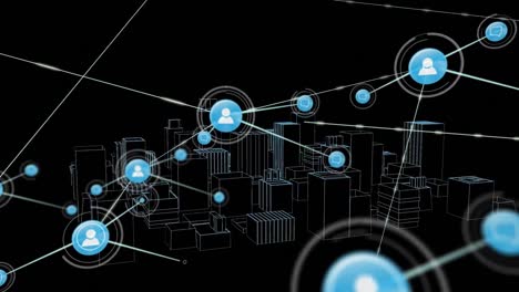 animation of network of connections with icons over 3d city drawing