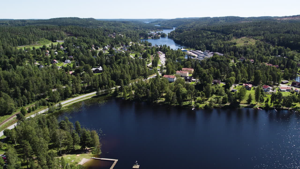 Långbrons slusstation in Dals Långed captured from above, showcasing the serene landscape, Aerial