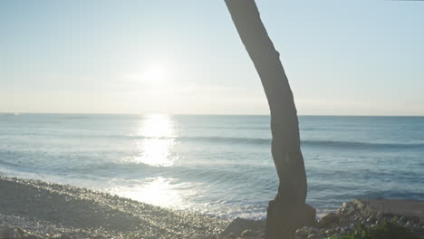 Man-takes-his-bicycle-and-walks-away-on-a-sunny-morning-along-a-rocky-beach