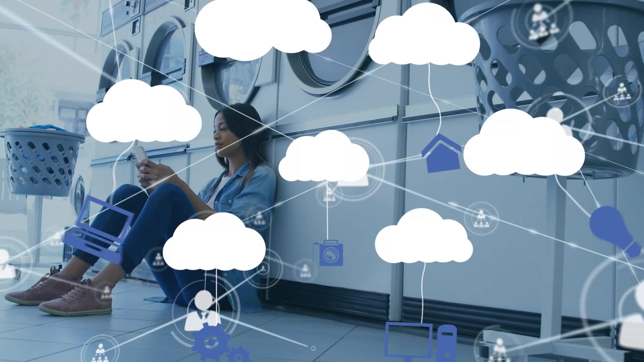 Animation of network of connections with clouds over woman using smartphone at laundry