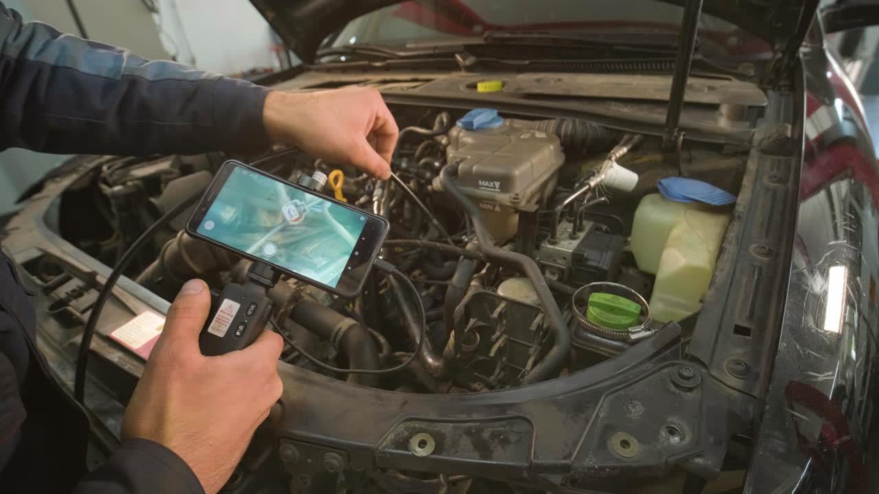 manos de mecánico de automóviles comprobar el motor del vehículo con endoscopio técnico con cámara rotativa y teléfono móvil. reparación de la cabeza del motor y las válvulas.