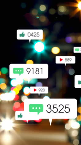 animación de iconos y números de redes sociales sobre el tráfico vial y el paisaje urbano