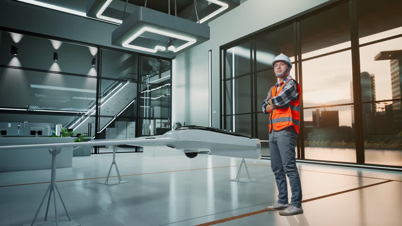 Helkropsbillede fra siden af asiatisk mandlig ingeniør med sikkerhedshjelm, der krydser armene og ser sig omkring, mens han står med droneprojekt