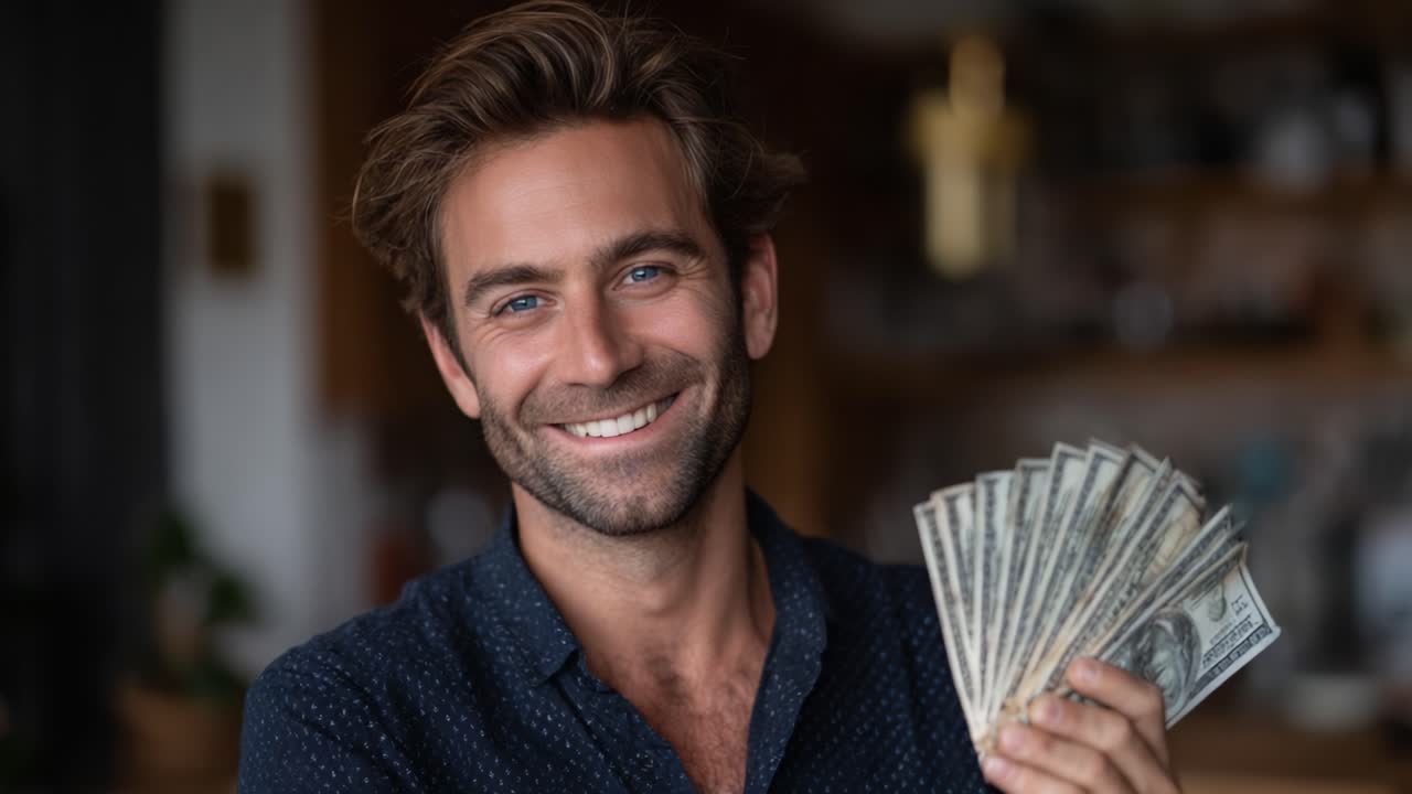 Uomo felice che sorride entusiasta mentre tiene in mano una pila di contanti a ventaglio in un ambiente interno accogliente, irradiando felicità e spirito di successo