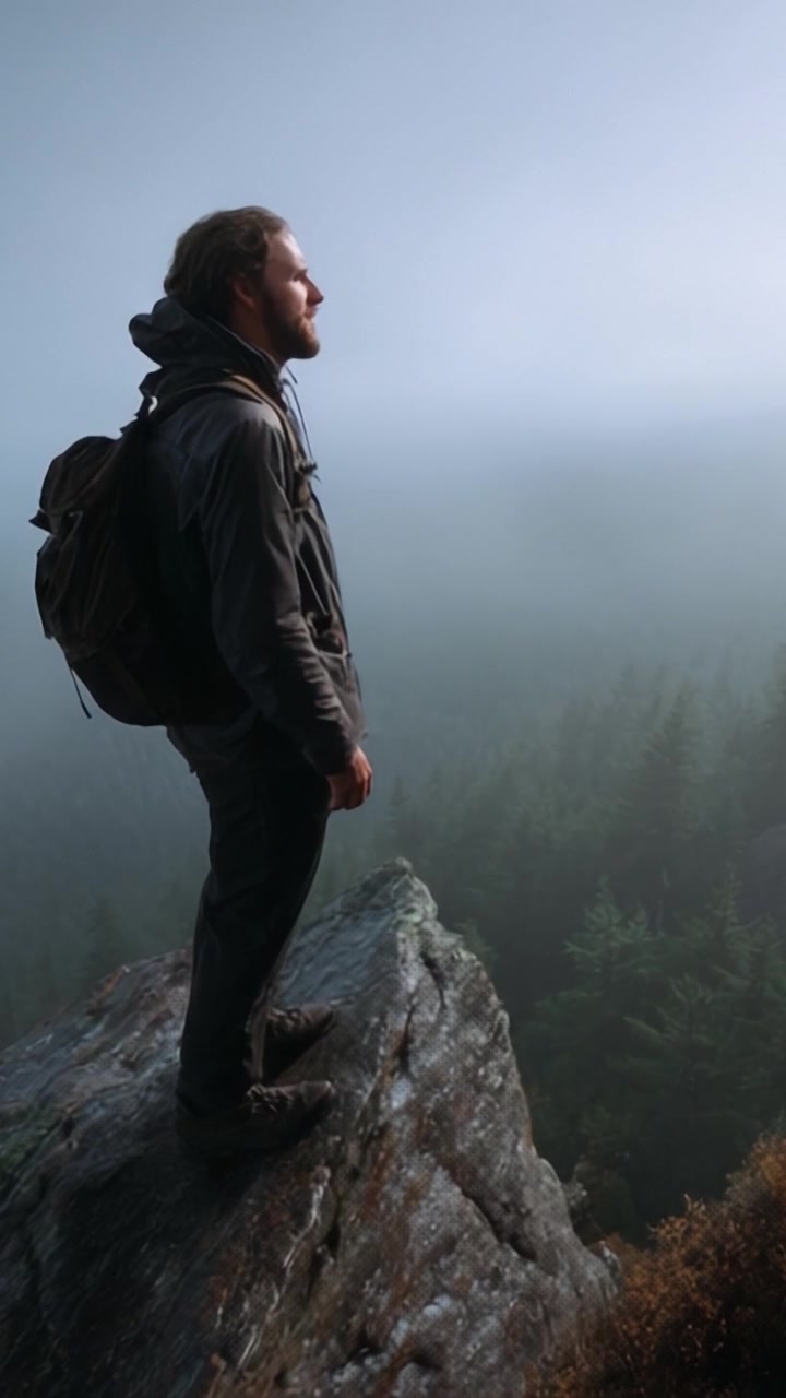 Un escursionista solitario si erge sul bordo di una scogliera frastagliata, contemplando l'orizzonte nebbioso, catturando l'essenza dell'avventura e la bellezza della natura selvaggia.